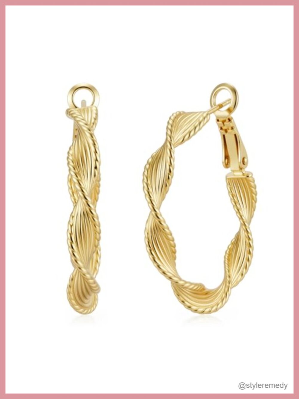 14K Gold Plated Hoop Earrings Twisted Thread Paddle Back Hypoallergenic 30mm